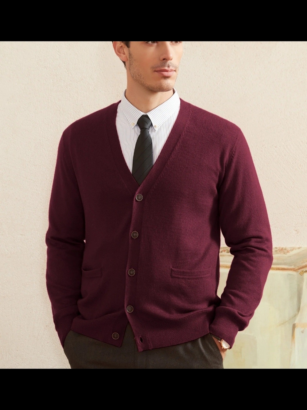 Kallspin Wool Blend V Neck Cardigan Mens XL Burgundy Pockets Grandpacore Preppy